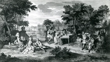 A la sombra de los bosquecillos en un hermoso día de verano, hacia 1710